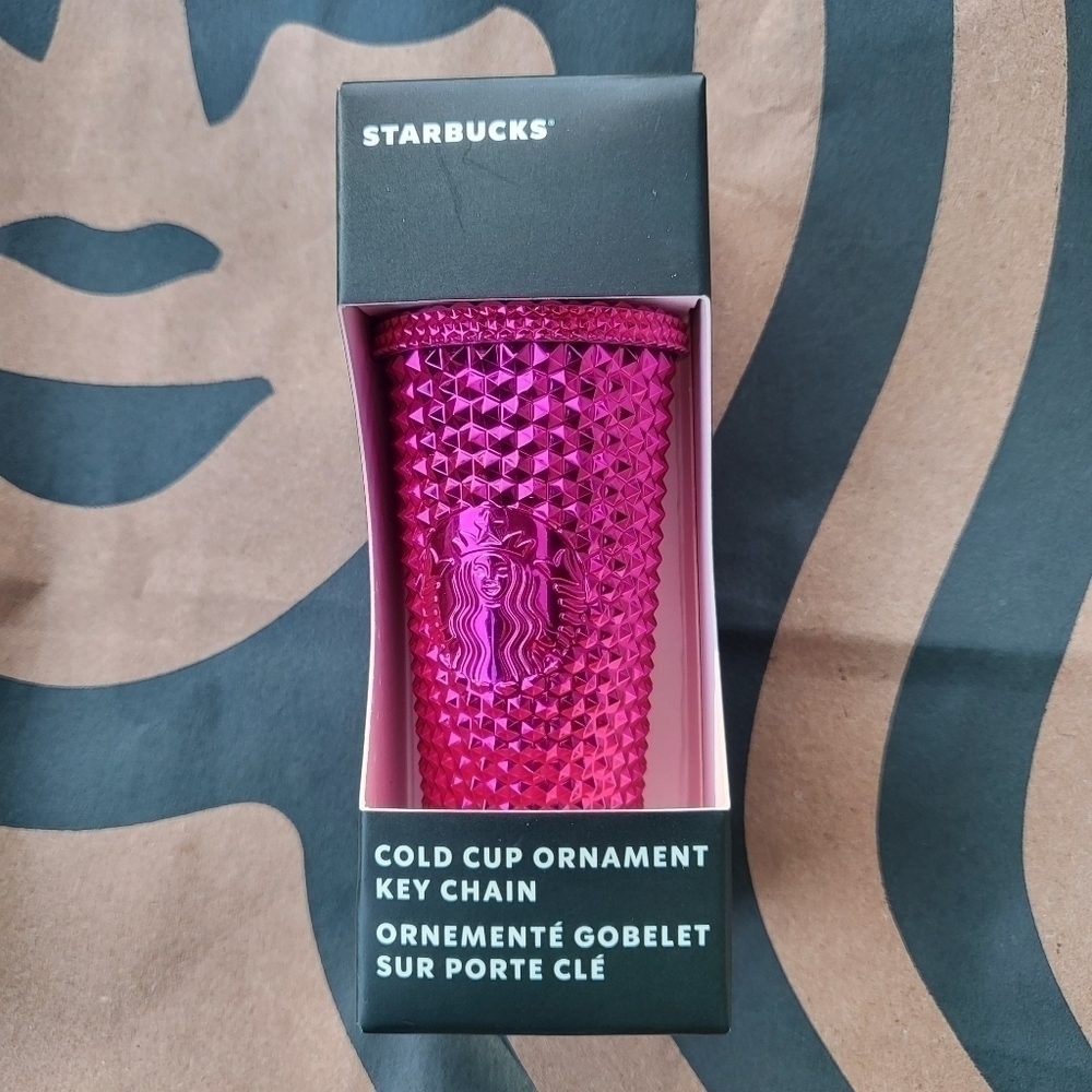 New Starbucks 2022 Cold Cup Ornament Key Chain Metallic Sangria Studded NIB